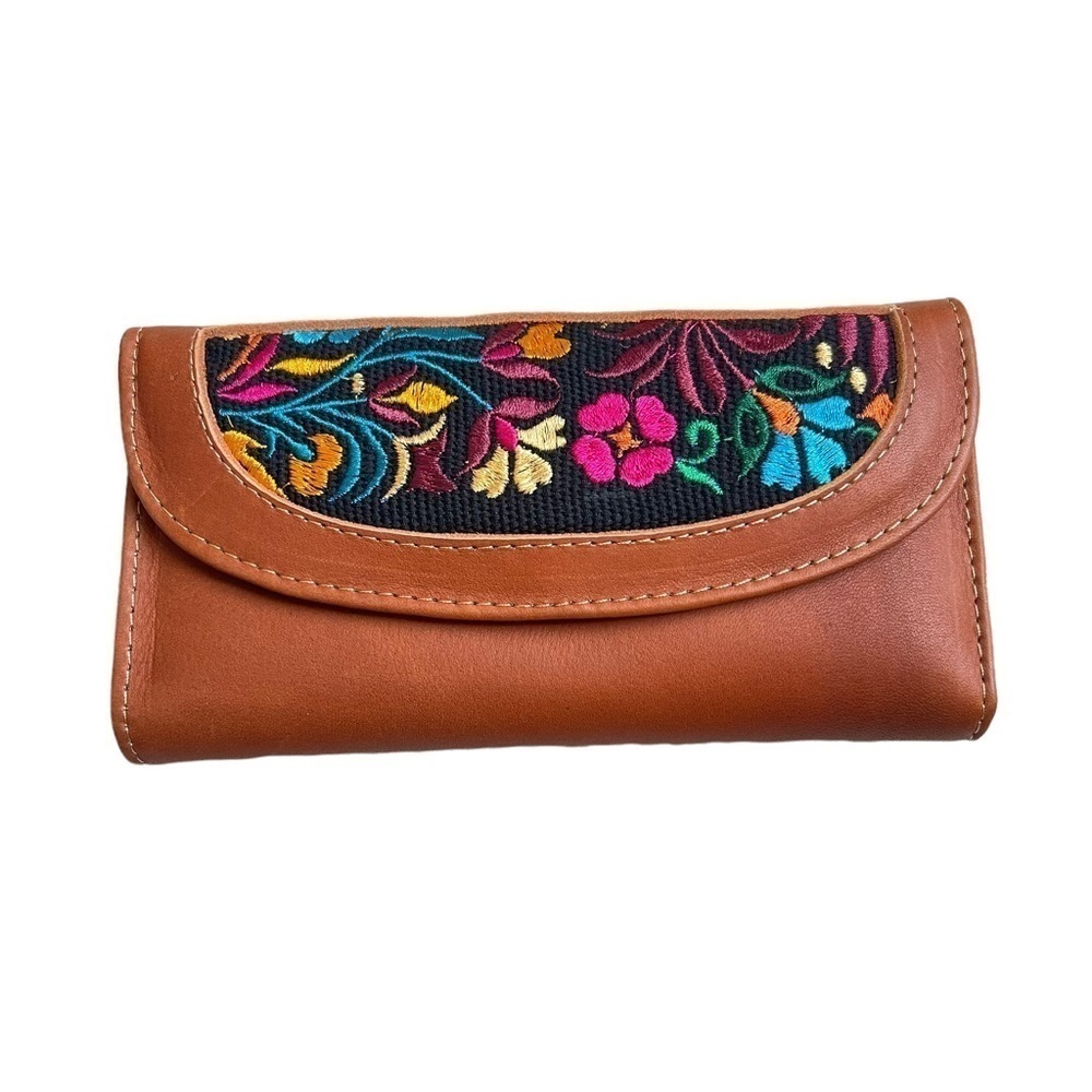 Handmade Handcrafted Boho Colorful Floral Embroidered Brown Leather Wallet